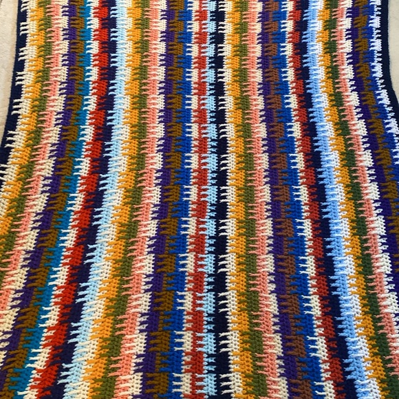 Vintage!  Handmade Crochet Stripe Reversible Blanket 63” by 50” - Picture 9 of 11
